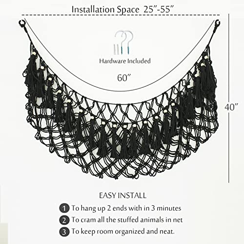 Stuffed Animal Hammock Wall Mounted Hanging Net for Stuffed Animal Storage Holder Handmade Macrame Toy Hammock Boho Nursery Organizer Plushies Net(Black) - color: Black for Wall, size: 60" W
