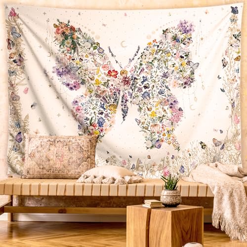 Damanse Butterfly Tapestry Wall Hanging Cute,Boho Wall Tapestry for Bedroom Aesthetic,Flower Living Room Decor for Teen Girls (White, 59.80" x 78.70") - color: White, size: 78.7"L x 59.8"W