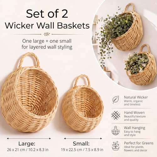 Chumia 2 Pack Wicker Hanging Basket 14" and 8" Handmade Woven Wall Hanging Basket for Plant Decorative Boho Mounted Rattan Planter Organizer for Garden Farmhouse Decor Home Front Door Flower Storage
