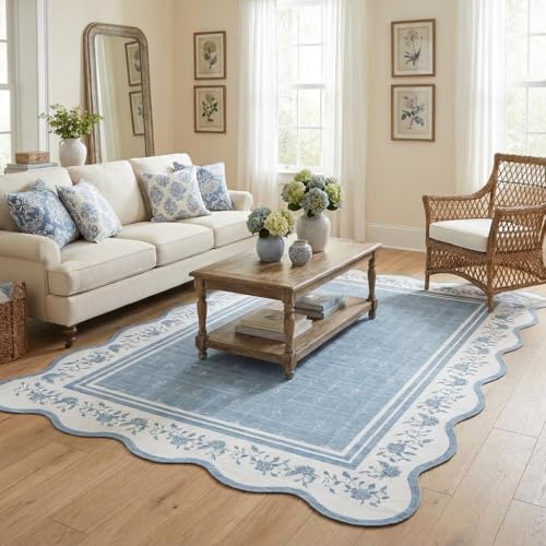 Garvee Washable Rugs for Living Room 8x10 Area Rugs for Bedroom Scalloped Rug Modern Bordered Non Slip Large Kids Bedroom Carpet Indoor Stain Resistant Floor Cover for Dining Room Office Nursery Blue - color: Blue, size: 8' x 10' (Rectangular)