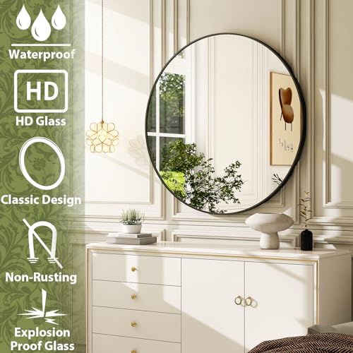20 Inch Round Bathroom Mirror - Black Wall Mounted Circle Mirror with Metal Frame, Modern Round Hanging Mirror Suitable for Bathroom, Vanity, Entryway, Living Room - color: Black, size: 20"L x 20"W