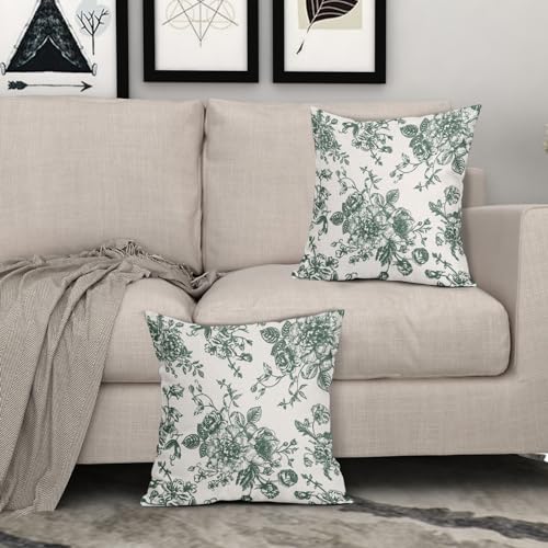 Dark Green and Cream Floral Pillow Covers 18x18 Inch Set of 2 Vintage Floral Throw Pillow Covers Chinoiserie Flower Pillowcases Rustic Farmhouse Cotton Linen Cushion Covers for Couch Bed Sofa Decor - color: Dark Green, size: 18" x 18" (Pack of 2)