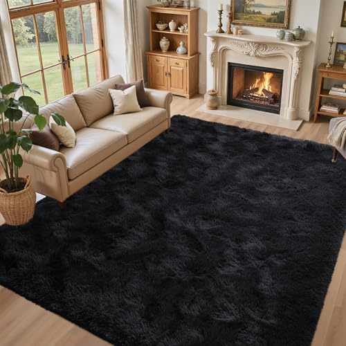 5x7 Black Area Rugs for Living Room, Large Fluffy Shag Bedroom Rugs Non-Slip, Ultra Soft Plush Carpet for Nursery Kids PlayRoom Dorm Office Indoor Modern Carpets - color: A-black, size: 5' X 7' (Rectangular)