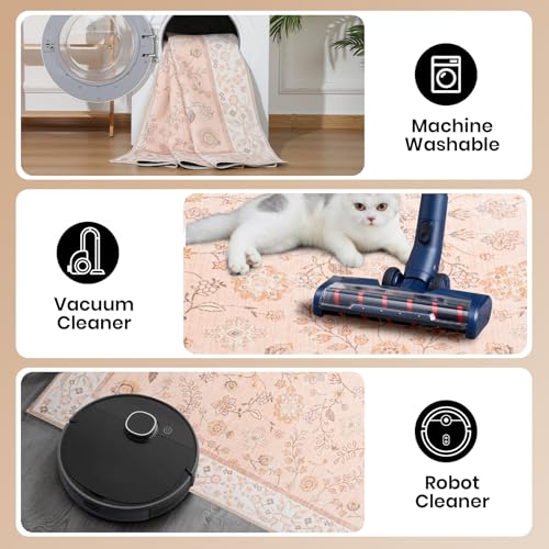 CRYPTOLITE Area Rug 4x6, Washable Faux Wool Throw Rugs for Living Room, Non Slip Low Pile Vintage Boho Carpet for Dining Room, Home Office, Bedroom, Kids Room, Bedside (Cinnamon) - color: Spring Flower - Cinnamon, size: 4' x 6' (Rectangular)