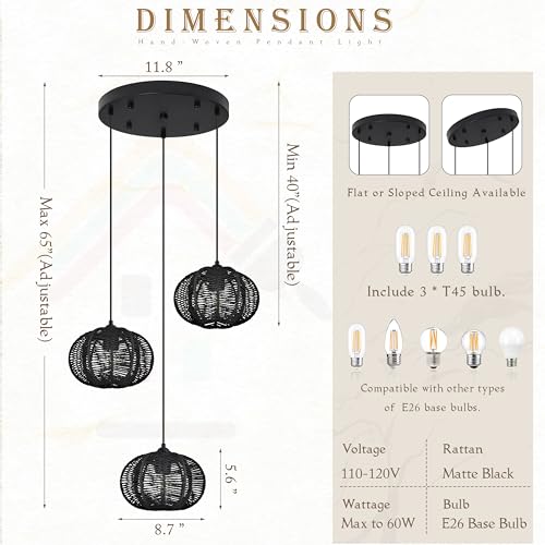 12" Boho Black 3-Light Boho Chandeliers for Kitchen Island Hand-Woven Boho Rattan Chandeliers Dimmable Adjustable Hanging Wicker Chandelier for Dining Room Living Room（Bulb Incl.） - color: 11.8" Black 3-Light
