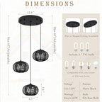 12" Boho Black 3-Light Boho Chandeliers for Kitchen Island Hand-Woven Boho Rattan Chandeliers Dimmable Adjustable Hanging Wicker Chandelier for Dining Room Living Room（Bulb Incl.） - color: 11.8" Black 3-Light