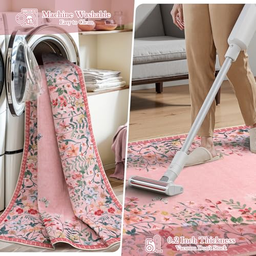 Wonnitar 2x3 Washable Area Rug, Small Pink Kitchen Mat, Boho Floral Bathroom Rug, Non Slip Accent Rug for Bedroom Bedside, Ultra Thin Laundry Door Mat Decor (2x3 Pink) - color: Pink, size: 2' x 3' (Rectangular)