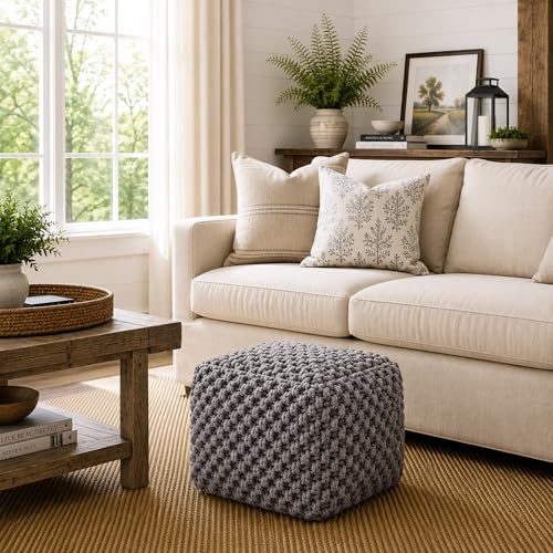 Casafield Square Pouf Ottoman, Dark Gray 18.5" W x 18.5" D x 14.5" H Cotton Knit Foot Stool - Boho Floor Pouffe for Living Room, Bedroom, Home Office - color: Grey, size: 18.5"D x 18.5"W x 14.5"H