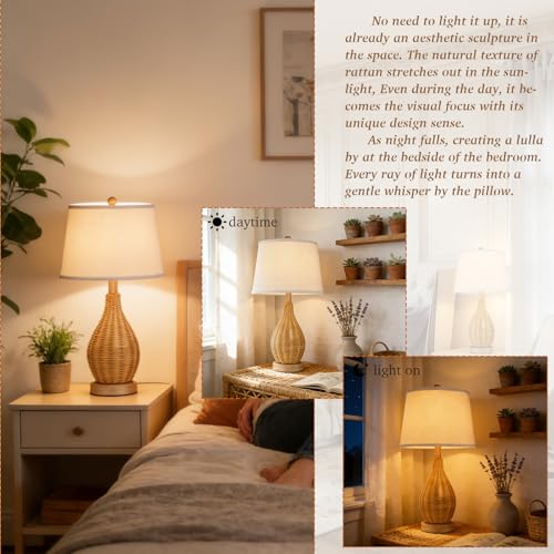 Hamilyeah 23" Farmhouse Table Lamps Set of 2 with Bulbs Included, Boho Bedside Lamps with Fabric Shade, Natural Woven Rattan Nightstand Lamps for Bedroom, Living Room, Large Spaces - color: wooden color