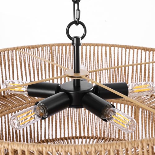 21.6 Inch Boho Rattan Chandelier, 5-Lights Hand Woven Bohemian Chandeliers with 2-Tier Drum Wicker Shade, Modern Farmhouse Large Pendant Light Fixture for Dining Room Living Entryway Bedroom - color: Matte Black Metal, size: 21.6 Inch