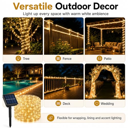 LairtPOW Solar Rope Lights Outdoor Waterproof, 39FT 100 LED Solar Powered Rope Light with 8 Modes, Flexible IP65 Outdoor String Lights for Garden Patio Yard Tree Pool Wedding Decor, Warm White - color: Warm White, size: 100 LED