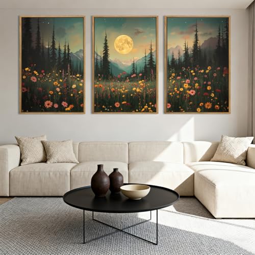 ANHUIB Moon Forest Wildflower Wall Art, Moonlit Pine Tree Wall Decor Dark Mountain Paintings Set of 3 for Living Room Bedroom Dining Room 16x24 Inch - color: Moon Night, size: 24"L x 16"W
