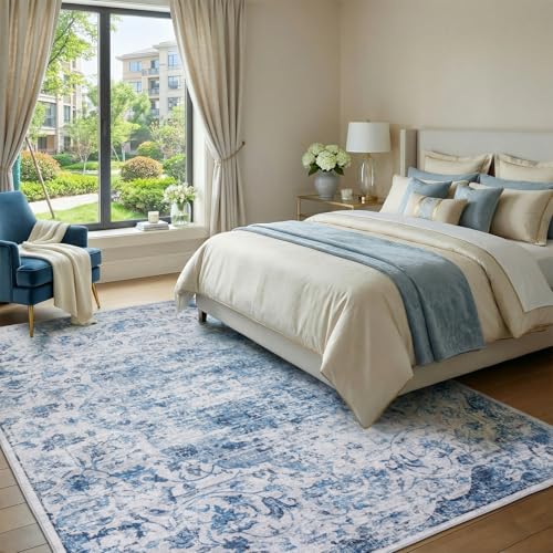 Washable Area Rug 5x7 for Living Room, Boho Vintage Distressed Rug, Soft Low Pile Non Slip Carpet, Floral Print Mat for Bedroom, Dinning Room,Playroom, Nursery Farmhouse Indoor-Blue/Gray - color: Blue/Grey, size: 5' x 7' (Rectangular)