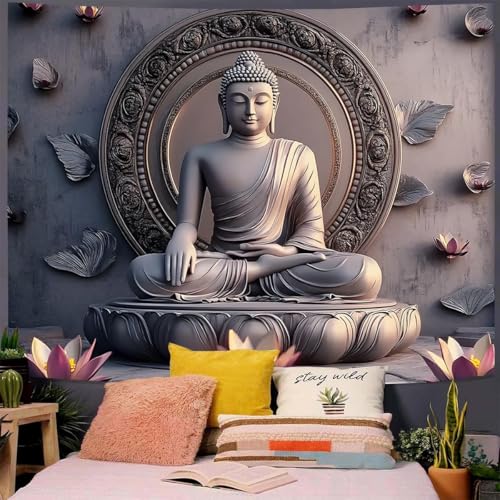 FENDROM Vintage Sitting Buddha Tapestry Wall Hanging Buddhist Statue Tapestries Lotus Meditation Wall Decor Psychedelic Indian Zen Art for Bedroom Living Room Home Decor - color: Grey2, size: 59"L x 39"W
