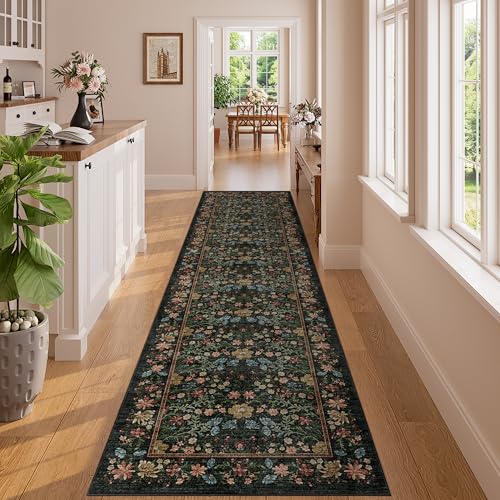 DUKONO 2x8 Runner Rug for Hallway, Non Slip Vintage Floral Kitchen Runner Rug with Non Shedding, Lightweight Soft Indoor Low Pile Carpet for Entryway, Kitchen, Bathroom, Bedroom, Laundry, Black - color: Black, size: 2' x 8' (Rectangular)