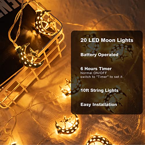 Vigdur Ramadan String Lights - 20 LEDs Eid Mubark Moon Star Fairy Lights Battery Operated with Timer, Ramanda Decoration Light for Eid Al Adha Ramadan Home Decor, 10FT - color: Moon Lights