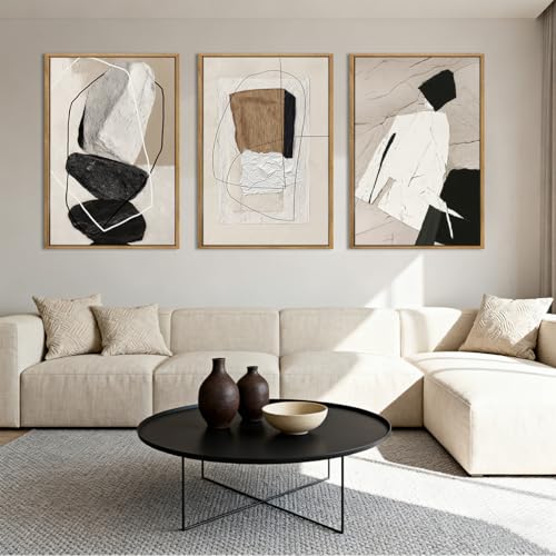 ANHUIB Large Neutral Abstract Wall Art Canvas,Black Beige Artwork, Modern Textured Framed Wall Art, Minimalist Geometric Painting,16x24 Inches Set of 3 for Living Room Bedroom - color: Neutral Abstract, size: 24"L x 16"W