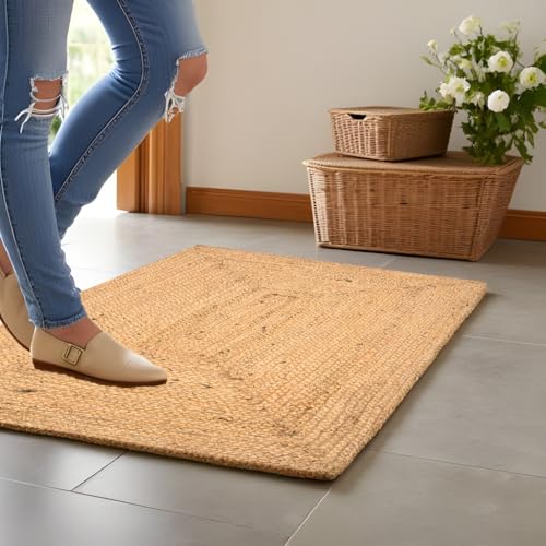 INDIAN ARTISTIC Jute Cotton Rag Rug 2X3 ft | Hand Woven & Reversible | Living Room | Kitchen | Jute Burlap Cotton 24x36 inch | Rustic Look | Natural Look | Runner 2 * 3 Feet