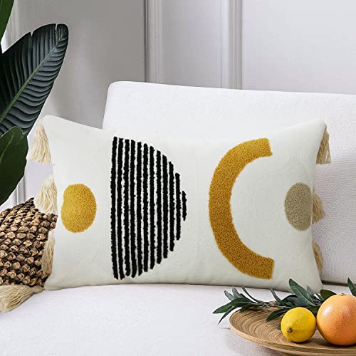Merrycolor Boho Lumbar Throw Pillow Cover 12x20 Bohemian Tufted Decorative Pillow Covers with Tassels Mid Century Modern Aesthetic Throw Pillow Case for Couch Sofa Bedroom Living Room - color: Geometric, size: 20" x 12" (Pack of 1)