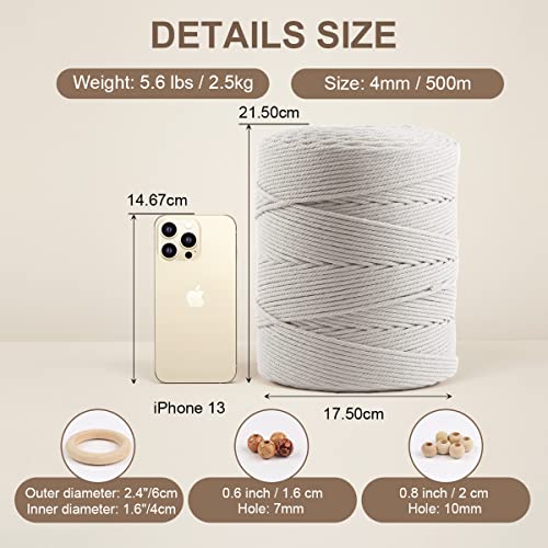 Macrame Cotton Cord 4mm x 547yds, ZUEXT Natural Handmade Beige White Braided Cords 4 Strands Knitted Rope String for Craft Wall Hanging Weaving Tapestry Dream Catchers Hanger DIY Gift (500m) - color: Beige White, style: 4mm x 500m