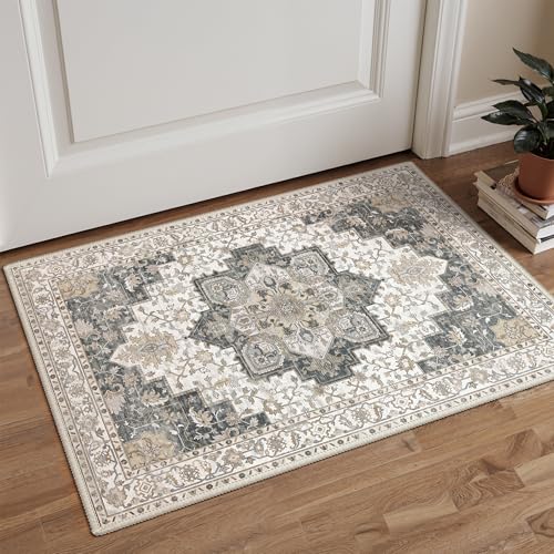 GENIMO Area Rug 2x3 Doormat, Machine Washable Low Pile Rugs, Small Retro Entryway Mat for Entrance, Hallway, Kitchen and Corridor, Heathered Grey - color: Area Grey, size: 2' x 3' (Rectangular)