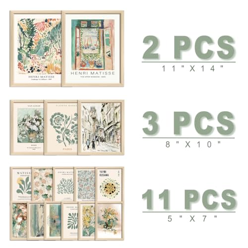 ANERZA 16 PCS Framed Sage Green Wall Art Decor, Matisse Wall Prints for Bedroom, Gallery Wall Frame Set, Abstract Posters for Living Room Aesthetic, Collage Kit Pictures, Boho Dorm Home Decor - color: Sage green, size: 12"x15" Framed