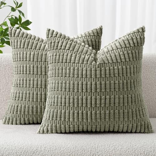 MIULEE Pack of 2 Corduroy Decorative Throw Pillow Covers 16x16 Inch Soft Boho Striped Pillow Covers Modern Farmhouse Home Decor for Summer Sofa Living Room Couch Bed Light Olive Green - color: Light Olive Green, size: 16" x 16" (Pack of 2)