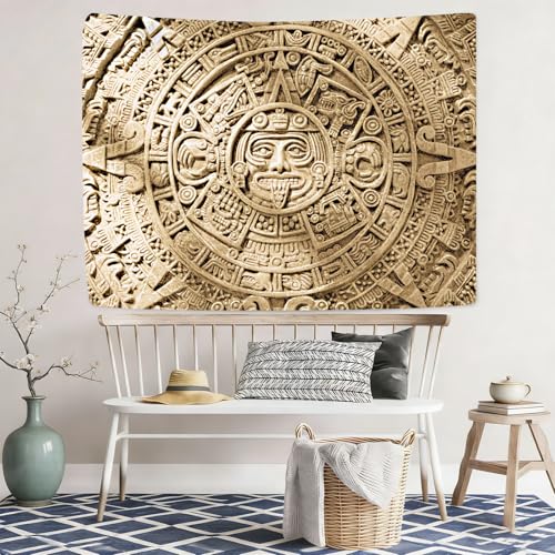 SHRAPHY Aztec Mayan Tapestry, Ancient Civilization History Calendar View Blanket Wall Hanging, Mandala Home Decor Art for Bedroom Living Room Dorm Office 80x60Inches