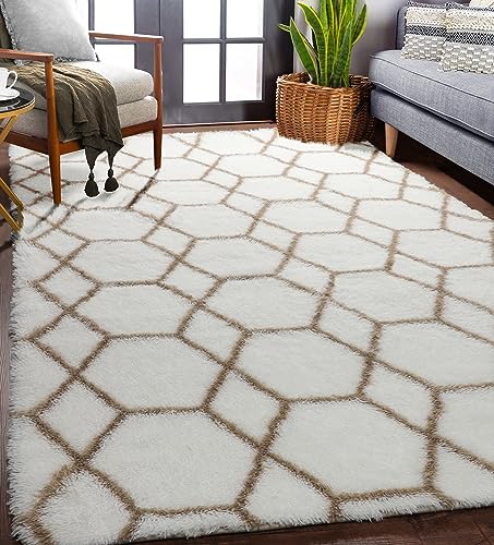 ONASAR Area Rugs for Bedroom Living Room, Fluffy 4x6 White and Beige Throw Rug, Geometric Boho Shaggy Soft Plush Indoor Floor Carpet for Nursery Kids Girls Boys Teen Dorm Home Decor Aesthetic - color: 3- White / Beige, size: 4' x 6' (Rectangular)