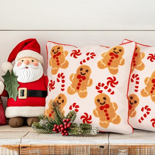 Whaline 2 Pcs Christmas Tufted Throw Pillow Covers Xmas Red White Gingerbread Man Candy Cane Pillowcase Winter Pillowslip Cushion Cover for Sofa Couch Bed Home Party Decor, 18 x 18 Inch