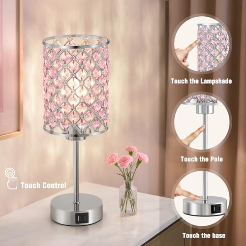GyroVu Pink Crystal Table Lamp, Touch Control Bedside Lamps with USB-C+A Charging Ports, Dimmable Nightstand Small Desk Lamp Set of 2 for Girl Bedroom, Living Room, Office(Buld Included) - color: Pink-2, size: 14.75"