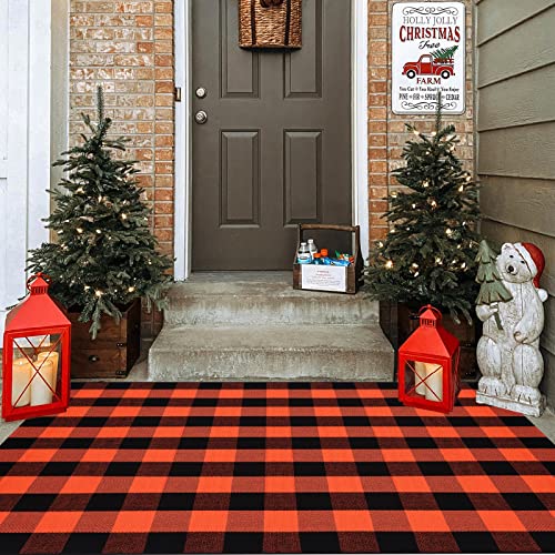 Fall Plaid Area Rug 4x6 Ft, Orange and Black Buffalo Check Large Farmhouse Cotton Rug, Hand-Woven Washable Indoor Outdoor Carpet for Halloween Thanksgiving Autumn Porch Patio Decor - color: Orange & Black, size: 4' x 6' (Rectangular)