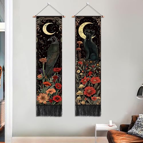 ARTCREATOR Pack of 2 Gothic Wall Decor Whimsical Dark Academia Decor, Black Cat Crow Tapestry Mystical Witchy Moon Vertical Tapestries for Bedroom Aesthetic Alt Room (12.8 x 51.2 inches) - color: Black