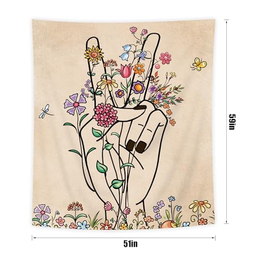 SVBright Peace and Love Beige Tapestry Abstract Hand Flower Botanical Wall Hanging 51Wx59H Inch Minimalist Hippie Floral Line Art Colorful Modern Finger Home Decor for Living Room Bedroom Dorm Fabric - color: Abstract Hand, size: 59"L x 51"W