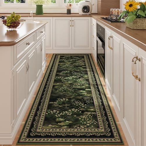 Rugcomf 2x6 Runner Rug Impressionist-Style Vintage Kitchen Rugs Non Slip Washable Soft Carpet Runner for Kitchen Laundry Bedroom Bathroom, Green - color: Green, size: 2' x 6' (Rectangular)