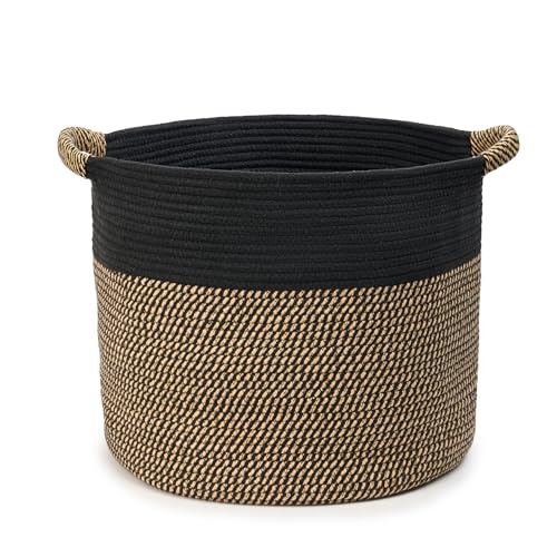 Blanket Basket (16" Dx14 H) - Round Woven Rope Storage for Living Room Throws, Pillows & Laundry- Black/Mixed Jute - color: Black/Mixed Jute, size: 16" X 16" X 14"