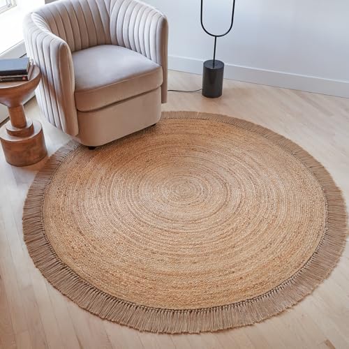 KIBAGA Beautiful 5x5 ft Round Jute Area Rug for Your Home - This Natural Hand Woven Rug Fits Perfectly Into Your Entry Area, Kitchen Or Living Room - Modern Braided Circle Mat Enhances Any Boho Decor - size: 5' (Round)