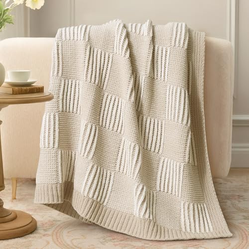 Amélie Home Knit Throw Blanket, Soft Chenille Cozy Breathable Dual Tone Checkered Chunky Decorative Blanket for Couch, Bed & Sofa, French-Inspired Lightweight Warm Gift for Women, Beige, 50"x60" - color: Checkered Beige&ivory, size: Dual Tone Checkered Kn