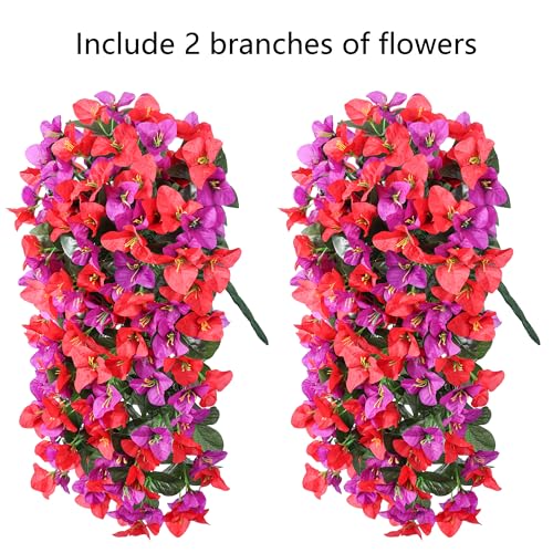 Faux Bougainvillea Artificial Flowers Plants for Outdoors Outside Decoration, 2pcs Fake Flowers Silk Long Trailing Vines UV Resistant Realistic for Front Door Porch Planter Urn Patio Balcony Yard, Mix - color: Red Purple
