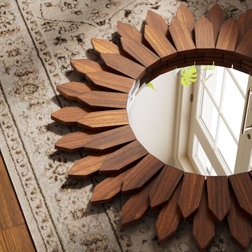 Boho Wood Sunburst Round Wall Mirror, 20 Inch Rustic Circle Wooden Frame Decorative Mirror for Farmhouse Coastal Home, Home Wall Decor for Living Room Entryway Bedroom, Walnut - color: Walnut, size: 20"L x 20"W