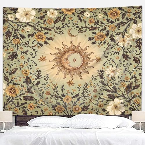 Riyidecor Boho Sun and Moon Tapestry 59Wx51H Inch Green Bohemian Whimsical Floral Flower Leaves Plant Vintage Hippie Retro Rustic Wall Hanging Artistic Home Dorm Decor Art Living Room Bedroom - color: A-green, size: 51L" x 59W"