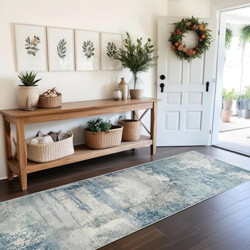 8 Foot Runner Rug: Washable Non-Slip Abstract Carpet for Kitchen Entryway Bedroom - Soft Stain Resistant Easy Clean Mat for Family with Pets 2.6x8 Blue - color: Blue, size: 2'6" x 8' (Rectangular)