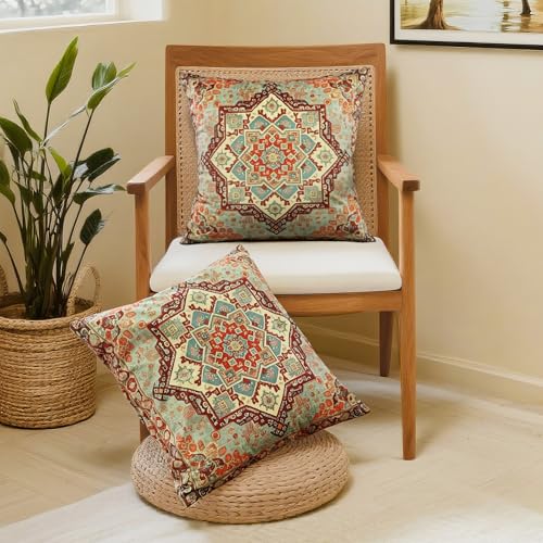 Boho Soft Velvet Throw Pillow Covers 18x18 in Vintage Persian Aztec Rug Tribal Pattern Pillowcases, Antique Ethnic Decor, Geometric Pattern Cushion Cover for Sofa, Living Room, Orange, 2 Pack - color: Orange, size: 18" x 18" (Pack of 2)