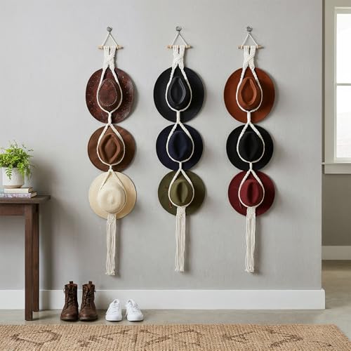 3 PCS Macrame Hat Hangers for Wall, Bohemian Hand Weaving Boho Hat Rack Organizer for Cowboy, Wide Brim, Bowler & Fedora Hats, Decorative Western Door & Wall Hanging Display (3 Hats Style)