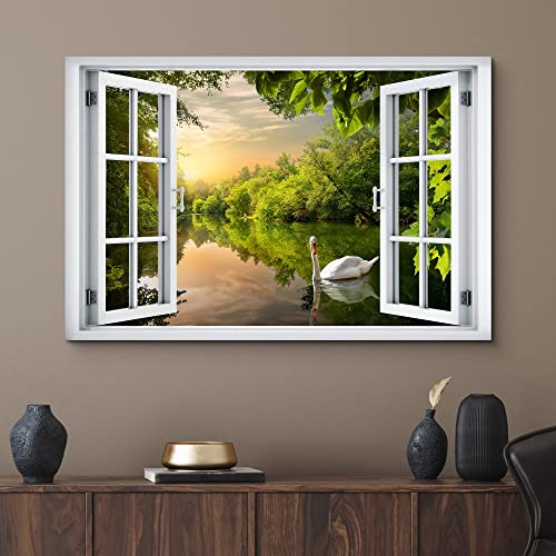 wall26 Canvas Print Wall Art Window View Swan Forest Lake Sunset Sky Zen Paradise Wilderness Nature Photography Realism Scenic Landscape Colorful Multicolor for Living Room, Bedroom, Office - 12x18 - color: A48-2204-irs12, size: 18"L x 12"W