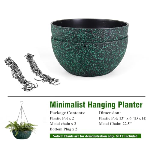 WSMKSZ 13inch Large Hanging Planters Pots for Outdoor Indoor Plants with Drainage Holes and Chain, 2pack Round Hanging Flower Pots for Garden Home Porch Decor, Black with Green Speckles - color: Black With Green Speckles, size: 13inch 2pcs