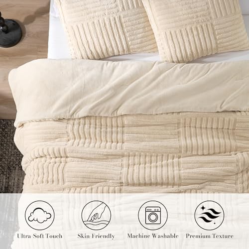 Amélie Home King Size Comforter Set with Stripe Jacquard Design, Khaki Fluffy King Bedding Set, Super Soft Plush Bedding Set,3 Pieces, 1 Soft Comforter and 2 Pillowcases - color: Stripe Patchwork Khaki, size: King (106"x90")