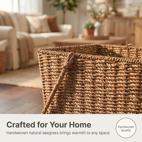 Household Essentials Wicker Stair Basket with Handles, Handwoven Seagrass, Natural - style: Seagrass and Corn Husk