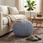 BIRDROCK HOME Round Pouf Ottoman Foot Rest - 18.5”x18.5”x15” Boho Compact Comfortable Soft Cotton Braided Foot Stool with Bean Bag Filling for Living Room, Bedroom, or Nursery (Soft Blue) - color: Soft Blue