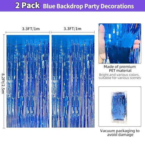 Blue Streamers Party Decorations 3.3x8.2ft, 2 Pack Dark Blue Tinsel Backdrop for Ocean Themed Party Decor, Glitter Blue Foil Fringe Curtains for Door Decorations Hanging Birthday Baby Shower Halloween - color: Blue